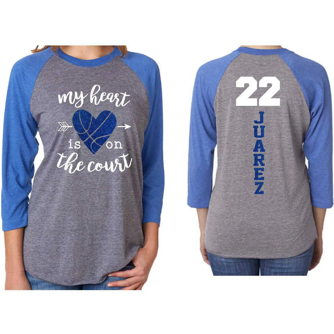 Glitter Basketball Mom Shirt | My Heart is on the Court | 3/4 Sleeve Baseball Raglan Basketball Shirt | Grandma, Stepmom, Sister, Aunt