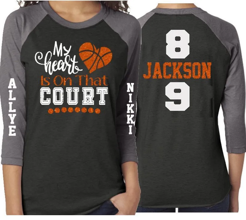 Glitter Basketball Shirt | My Heart is that Court | Two Numbers | Two Players| Customized 3/4 Sleeve Raglan