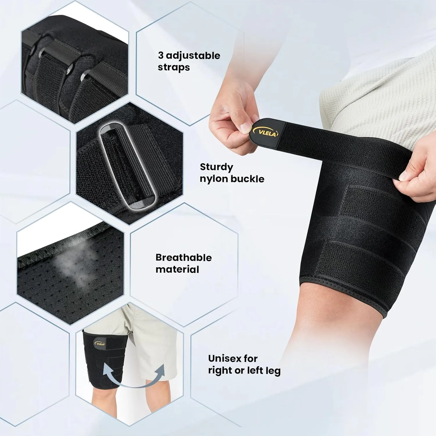 Hamstring Compression Sleeve with 3 Adjustable Straps,Thigh Compression