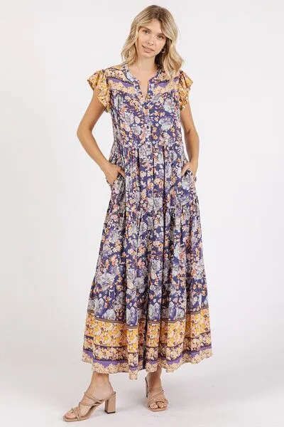 Hazel Blues® |  Mittoshop Floral Ruffled Notched Cap Sleeve Maxi Dress