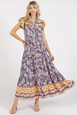 Hazel Blues® |  Mittoshop Floral Ruffled Notched Cap Sleeve Maxi Dress