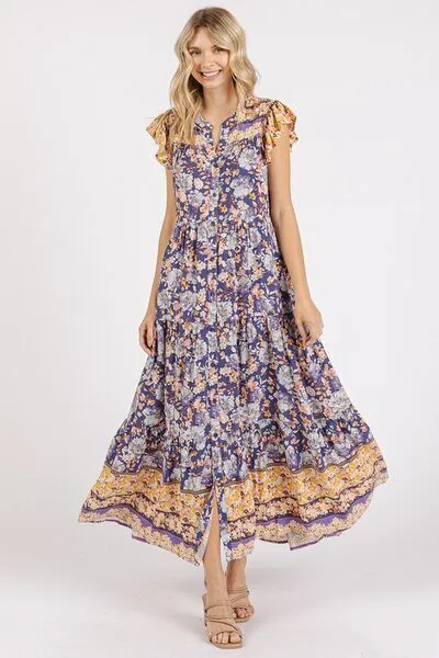 Hazel Blues® |  Mittoshop Floral Ruffled Notched Cap Sleeve Maxi Dress