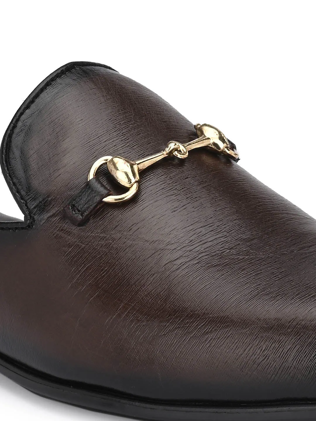 Hitz Men's Brown Leather Half Shoes Flat Mule Loafers
