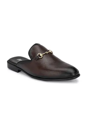 Hitz Men's Brown Leather Half Shoes Flat Mule Loafers