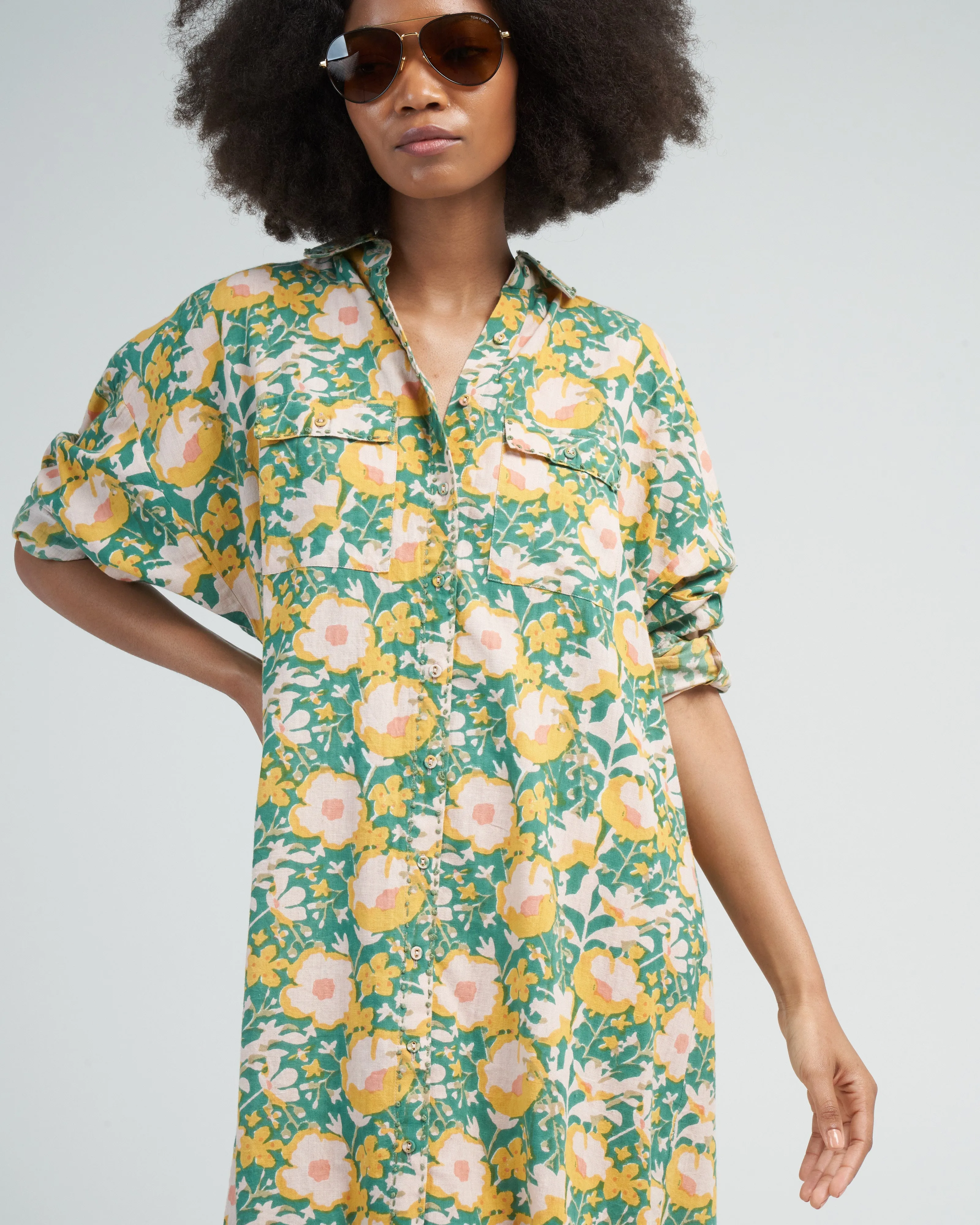 kyoto house dress in camelia bloom - green