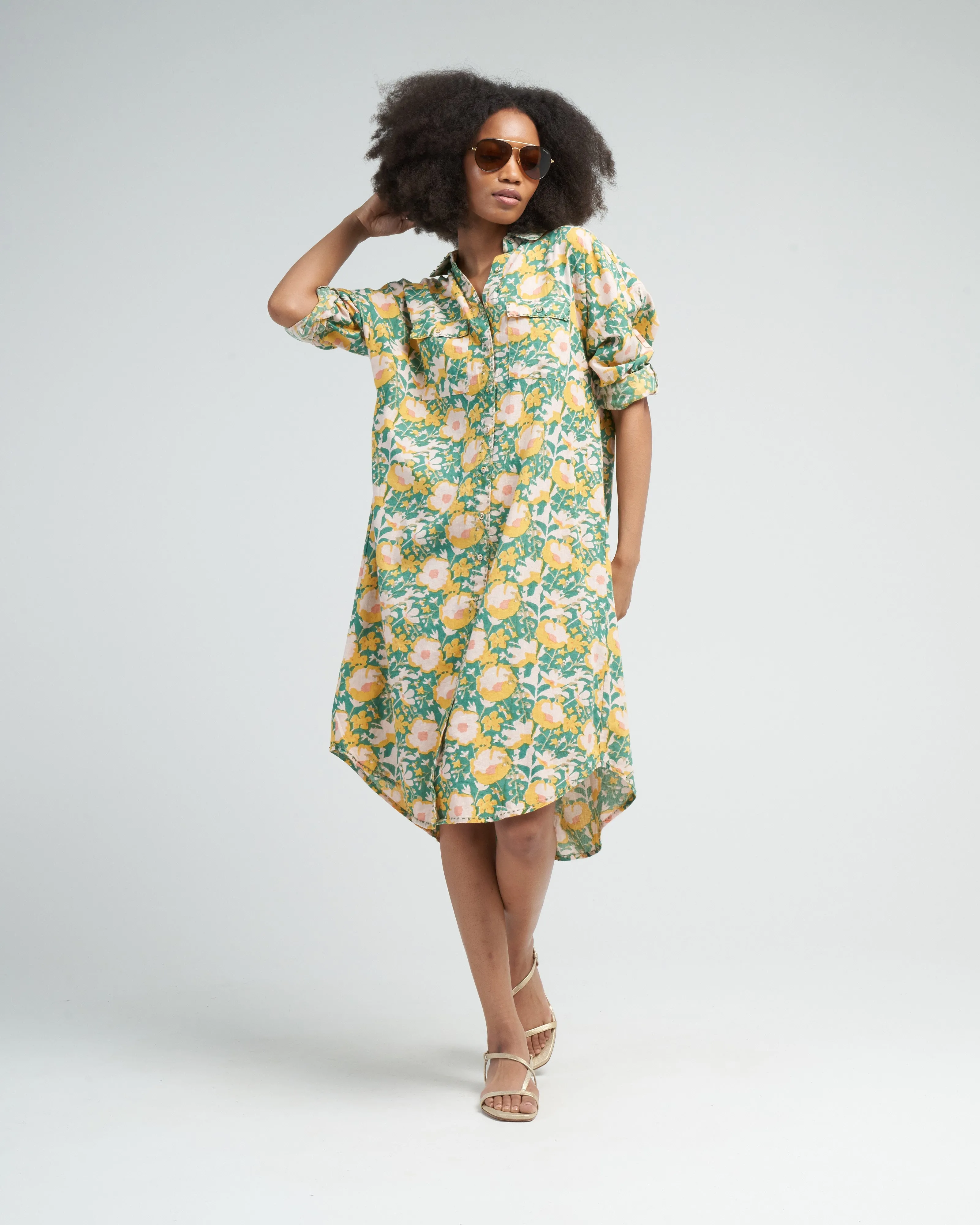 kyoto house dress in camelia bloom - green