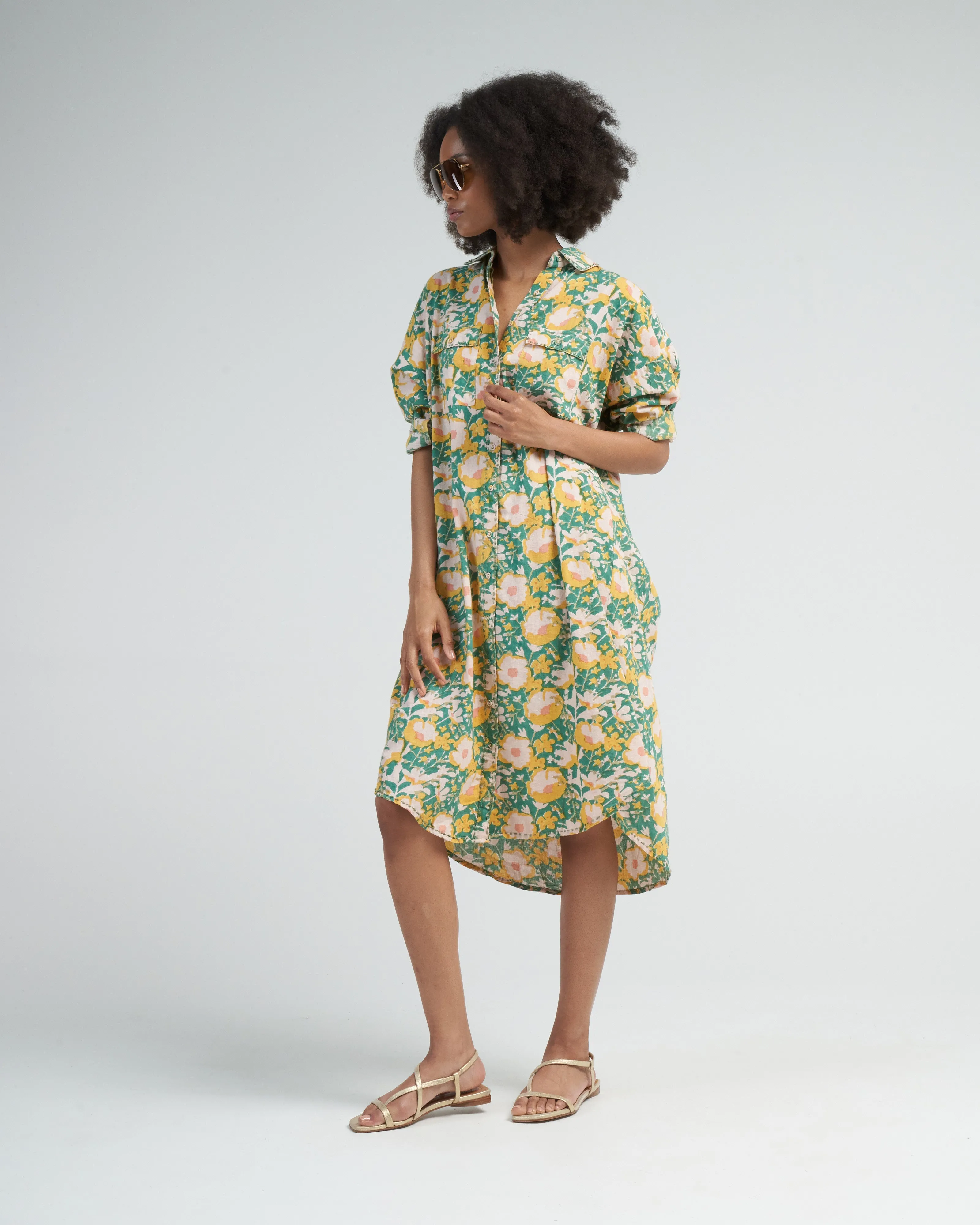 kyoto house dress in camelia bloom - green