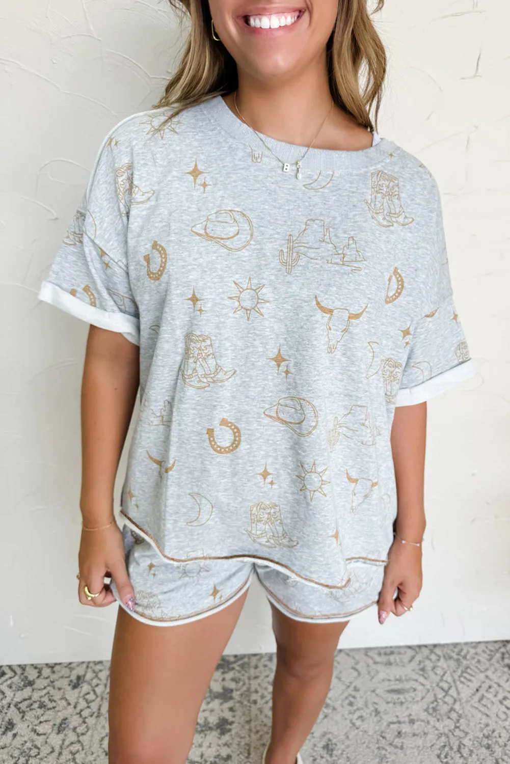 Lane, Sleeve T Shirt and Elastic Waist Shorts Set