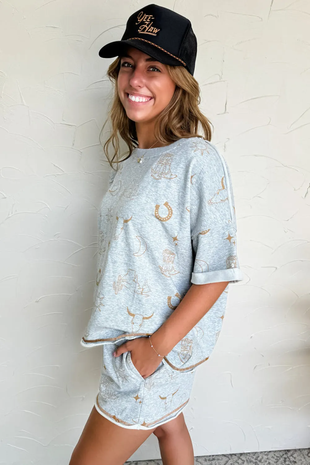 Lane, Sleeve T Shirt and Elastic Waist Shorts Set