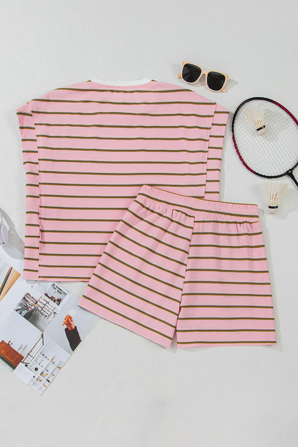 Leighton, Striped Crewneck Tee and Drawstring Shorts Set