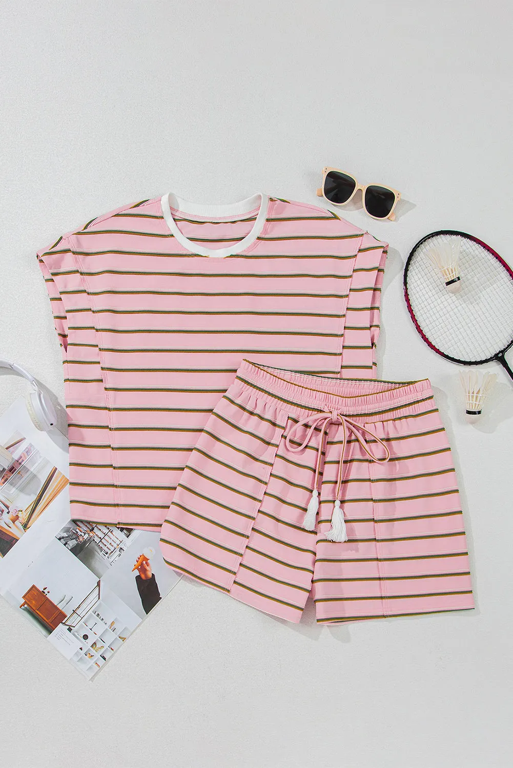 Leighton, Striped Crewneck Tee and Drawstring Shorts Set