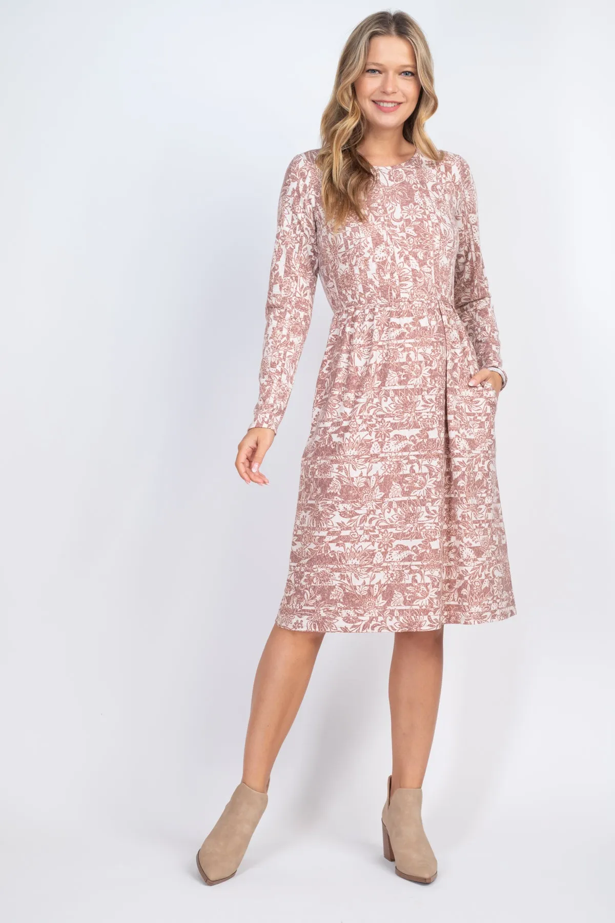 Long Sleeve Floral Print Dress with Inseam Pocket