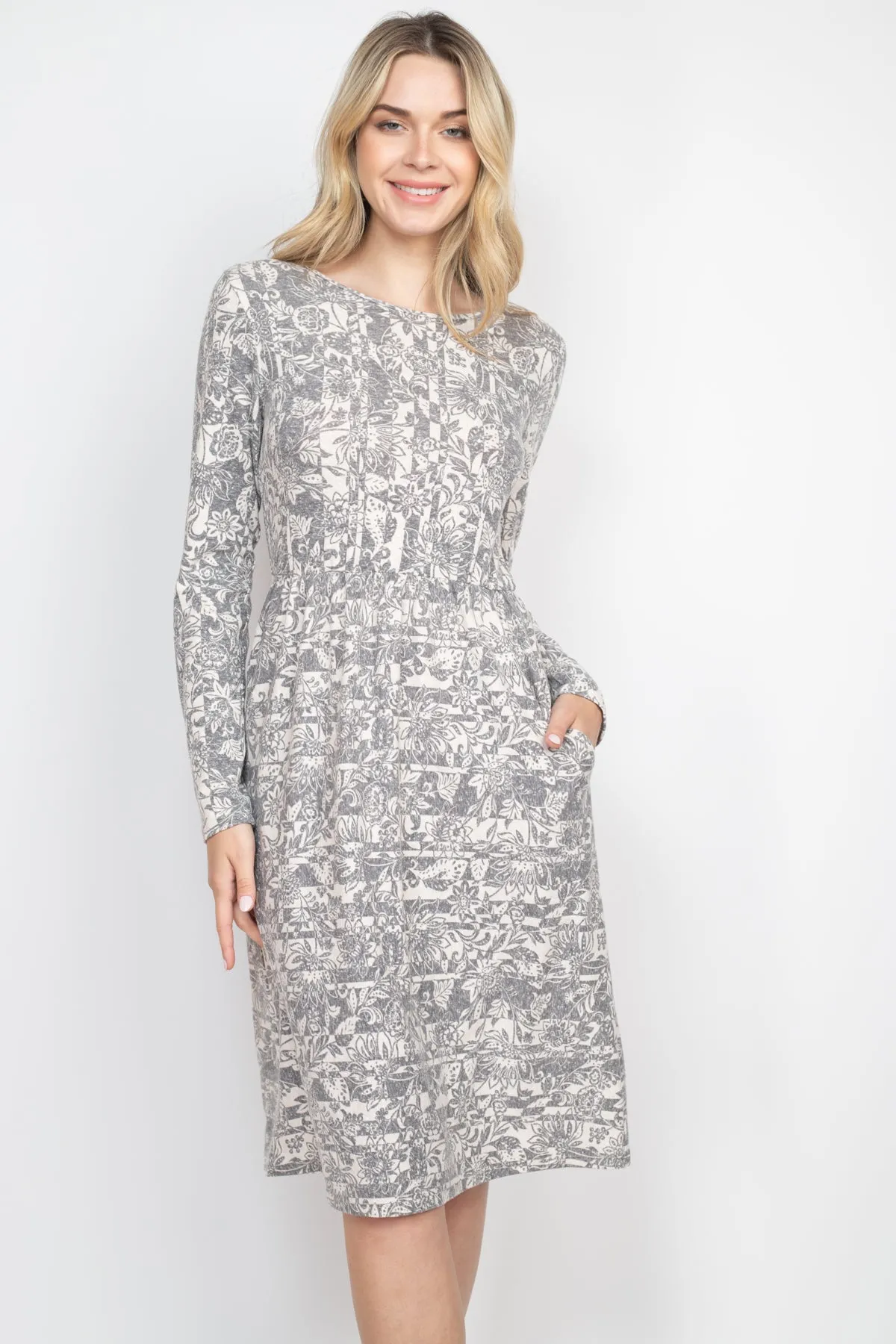 Long Sleeve Floral Print Dress with Inseam Pocket