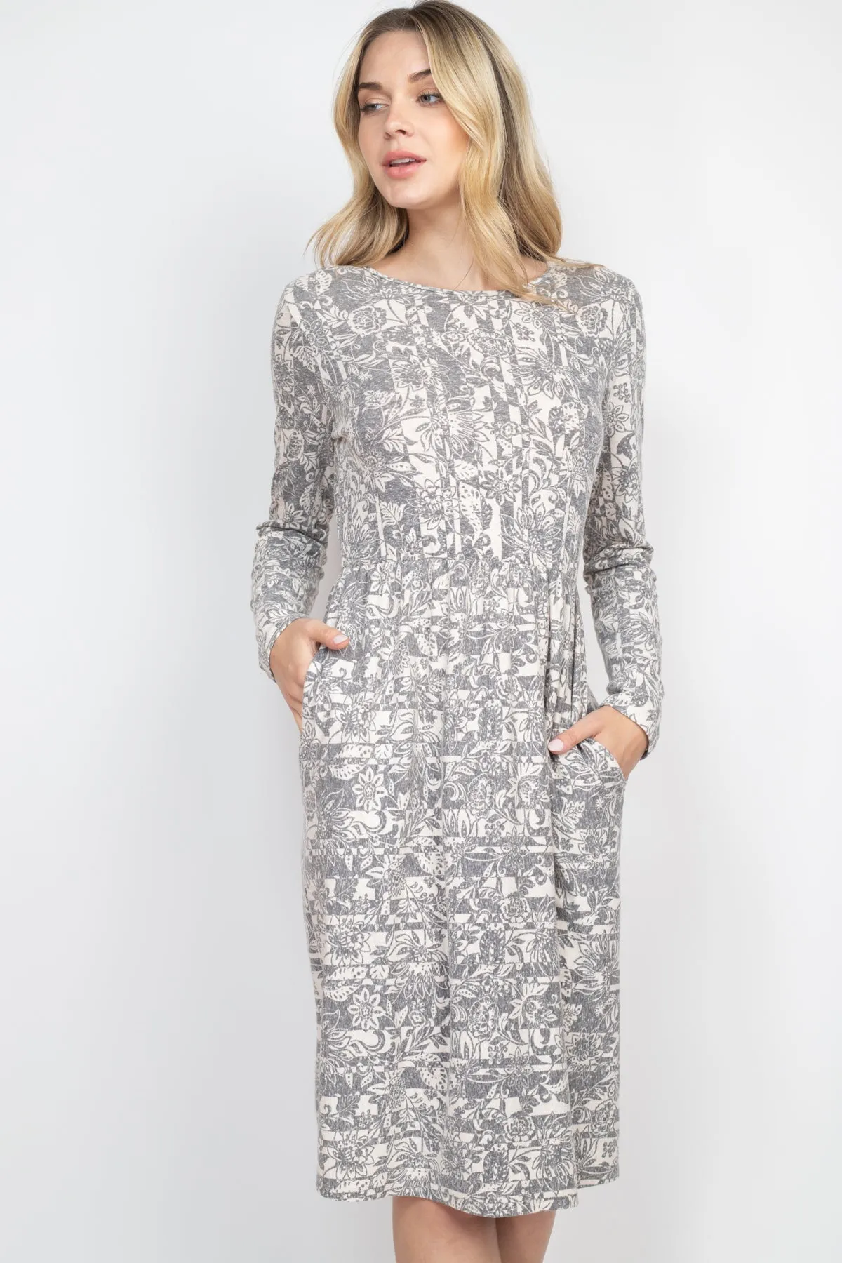 Long Sleeve Floral Print Dress with Inseam Pocket