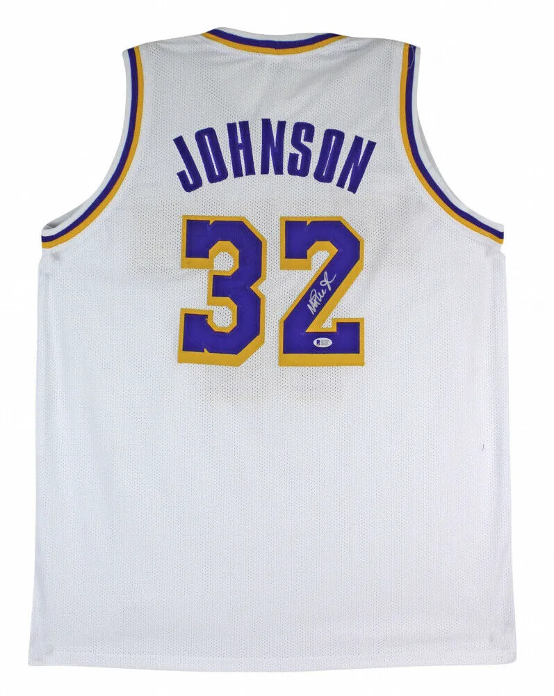 Magic Johnson Signed Los Angeles Lakers White Jersey (Beckett Holo) 5xNBA Champ