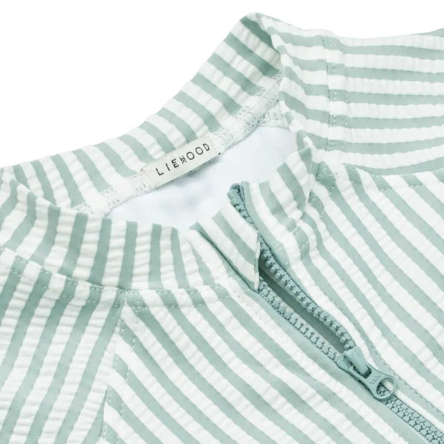 Max Seersucker Short Sleeved Swim Jumpsuit (Sea Blue/White Stripe)