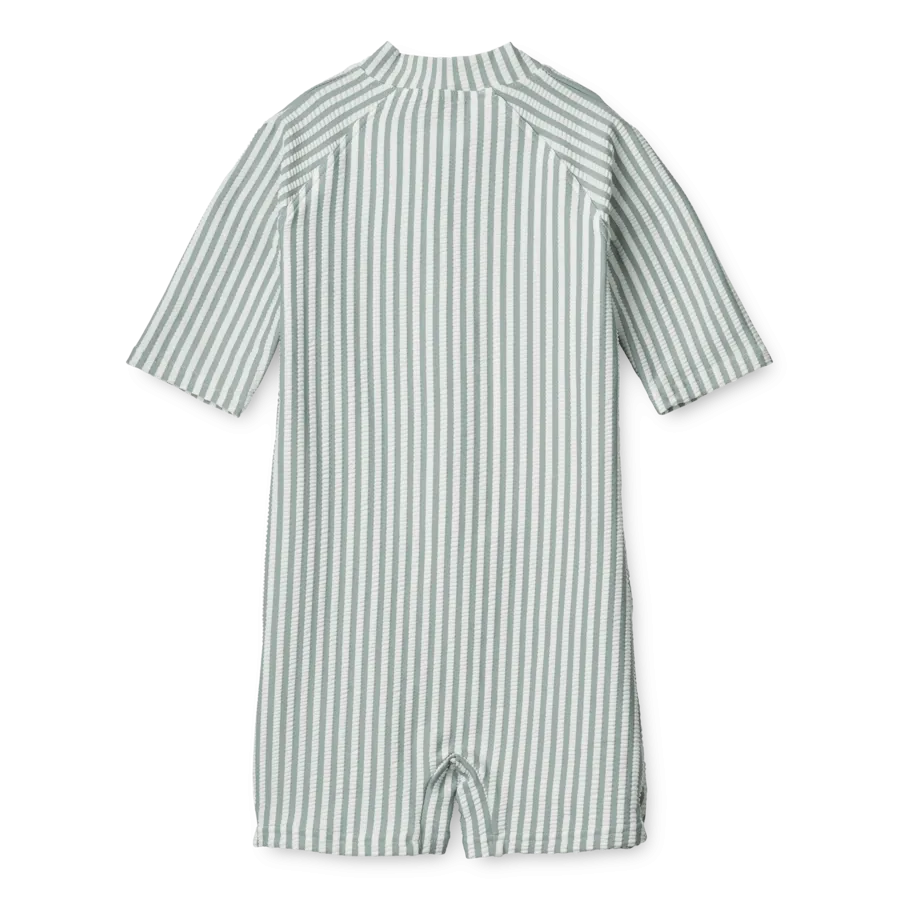Max Seersucker Short Sleeved Swim Jumpsuit (Sea Blue/White Stripe)