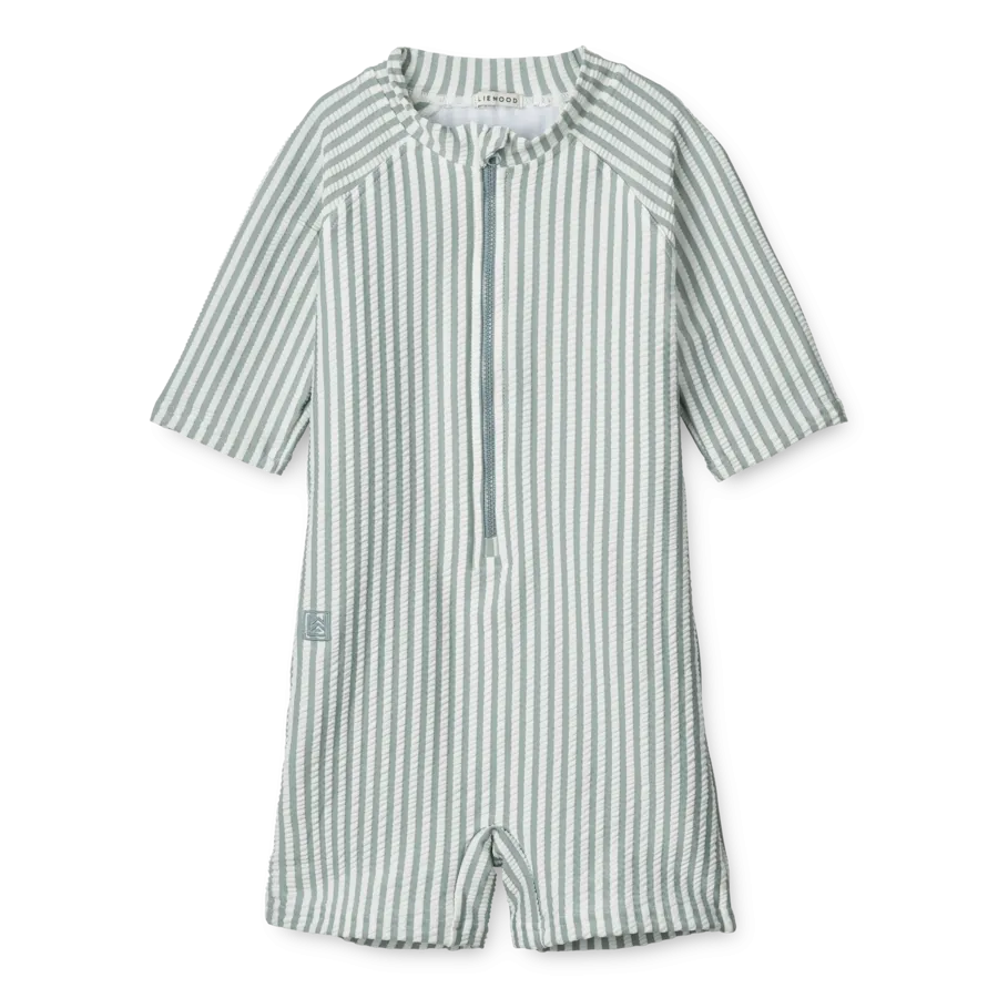 Max Seersucker Short Sleeved Swim Jumpsuit (Sea Blue/White Stripe)