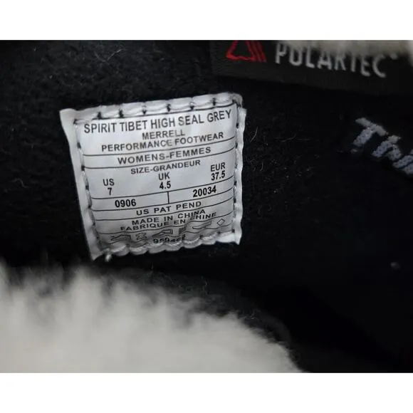 Merrell Spirit Tibet High Boots size 7 Gray Polartec Thinsulate
