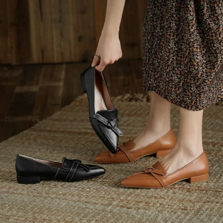 Off-White Brown Black Pointed Toe Knotted Leather Loafers #001052