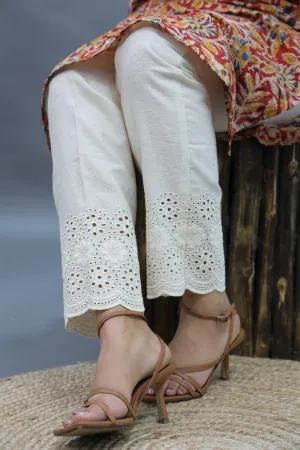 Pakistani Cut Work Cream Straight Pant In Cotton