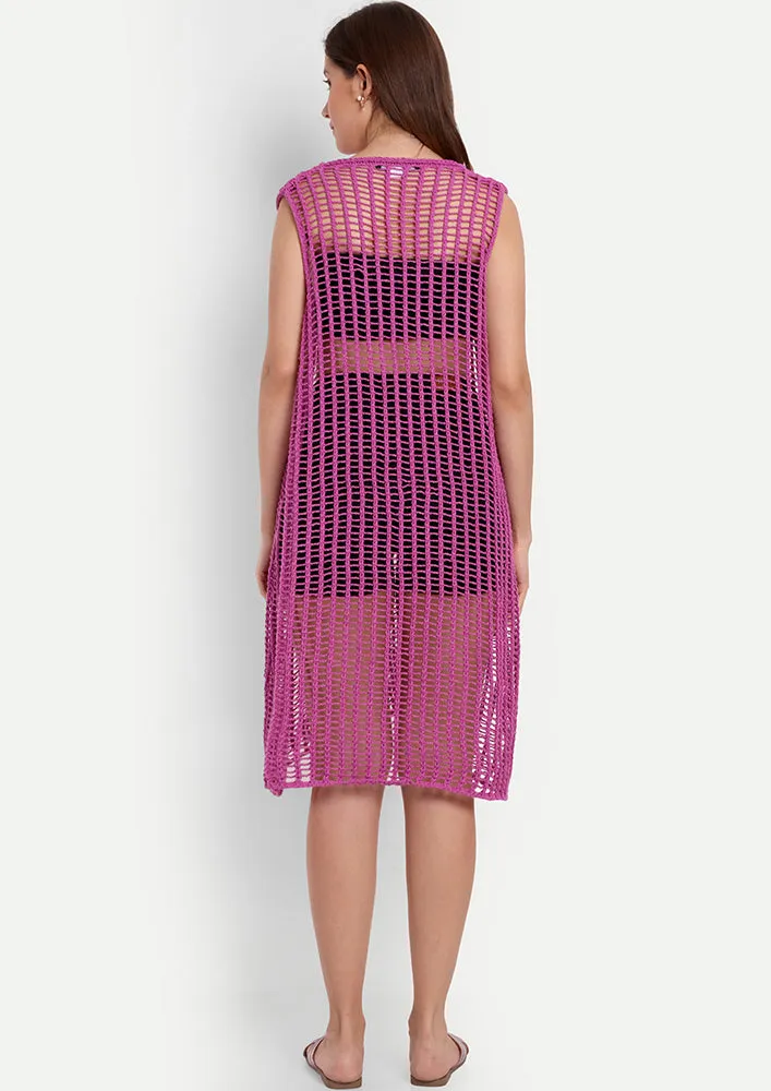 Purple Crochet Beach Coverup With A Boat Neckline And Sleeveless Design
