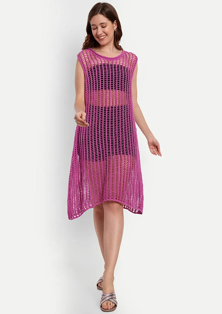 Purple Crochet Beach Coverup With A Boat Neckline And Sleeveless Design