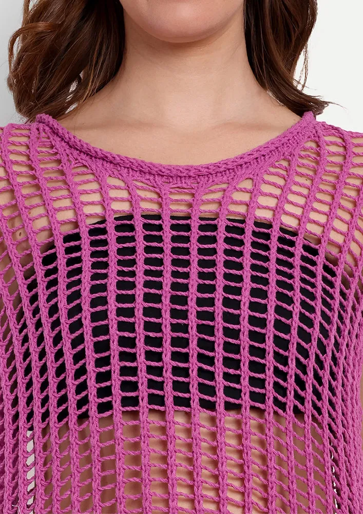 Purple Crochet Beach Coverup With A Boat Neckline And Sleeveless Design