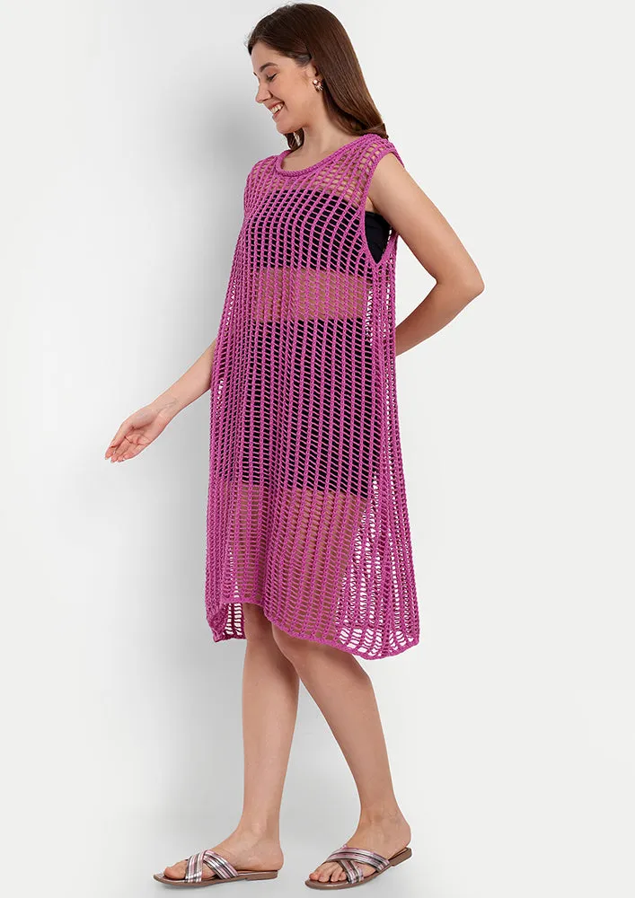 Purple Crochet Beach Coverup With A Boat Neckline And Sleeveless Design