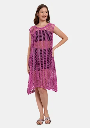 Purple Crochet Beach Coverup With A Boat Neckline And Sleeveless Design