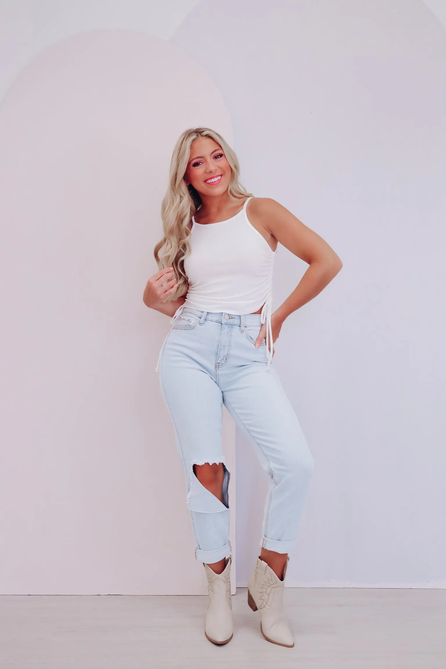 Rada Side Ruched Crop Tank Top - White