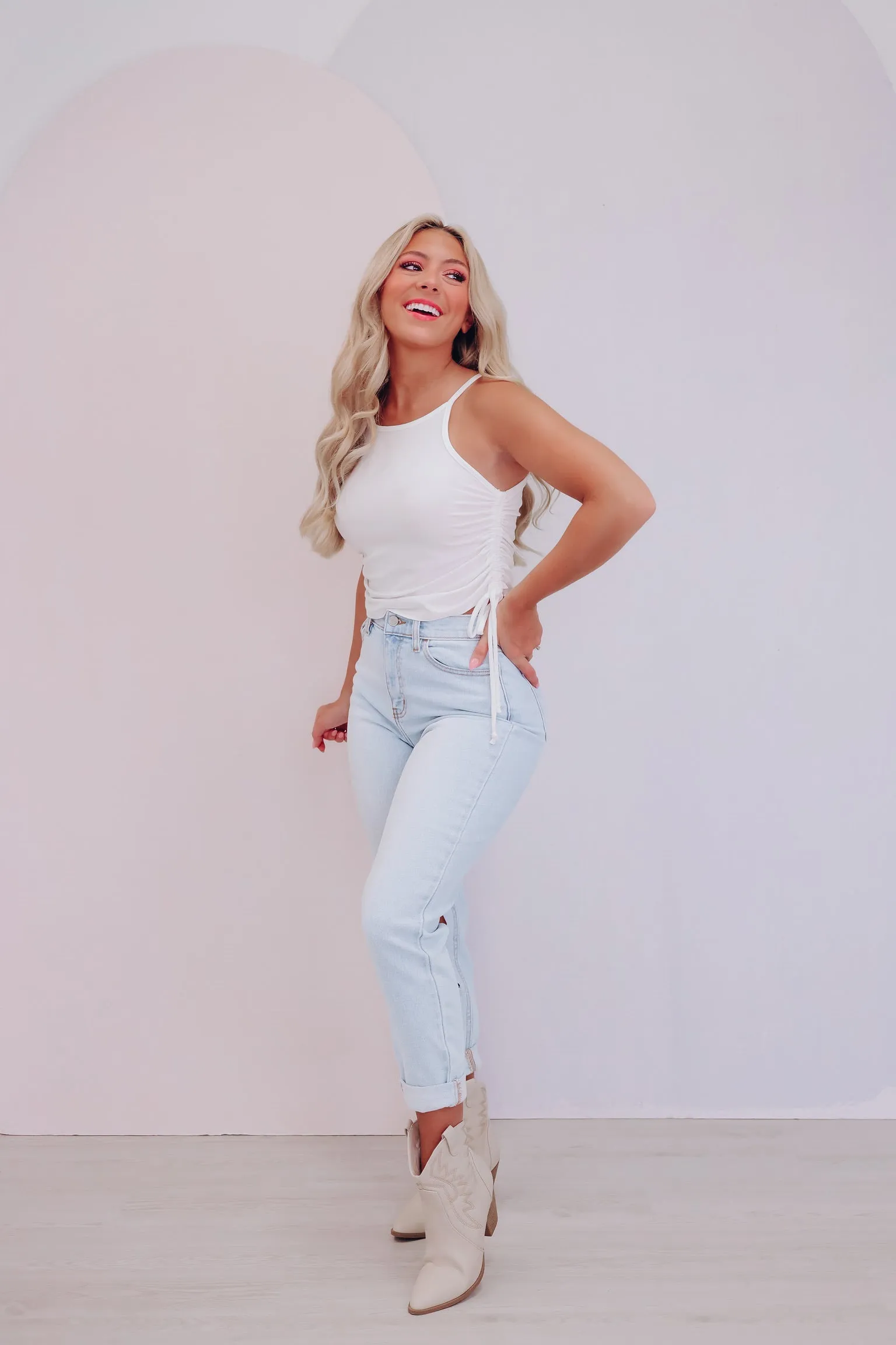 Rada Side Ruched Crop Tank Top - White