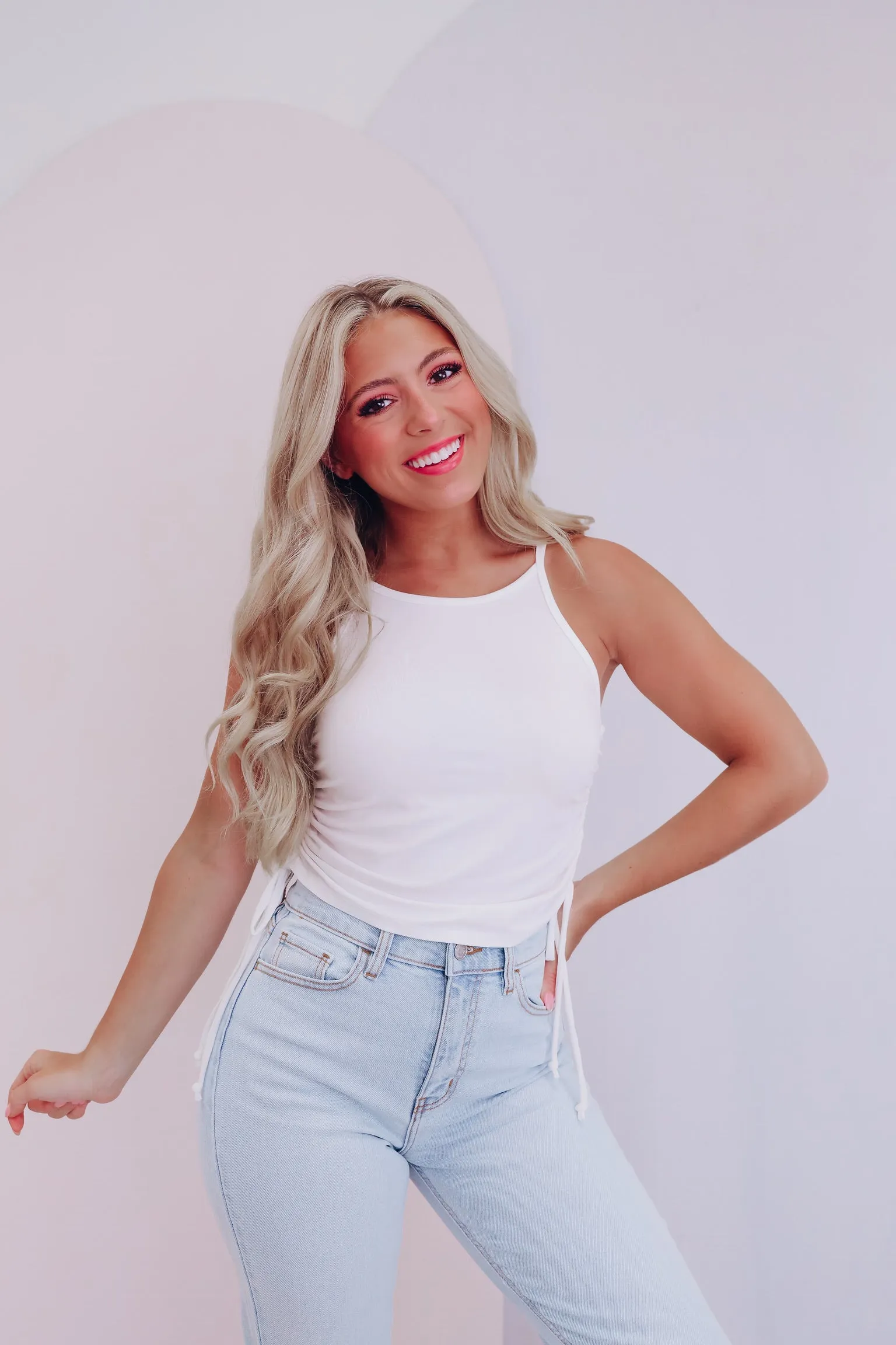 Rada Side Ruched Crop Tank Top - White