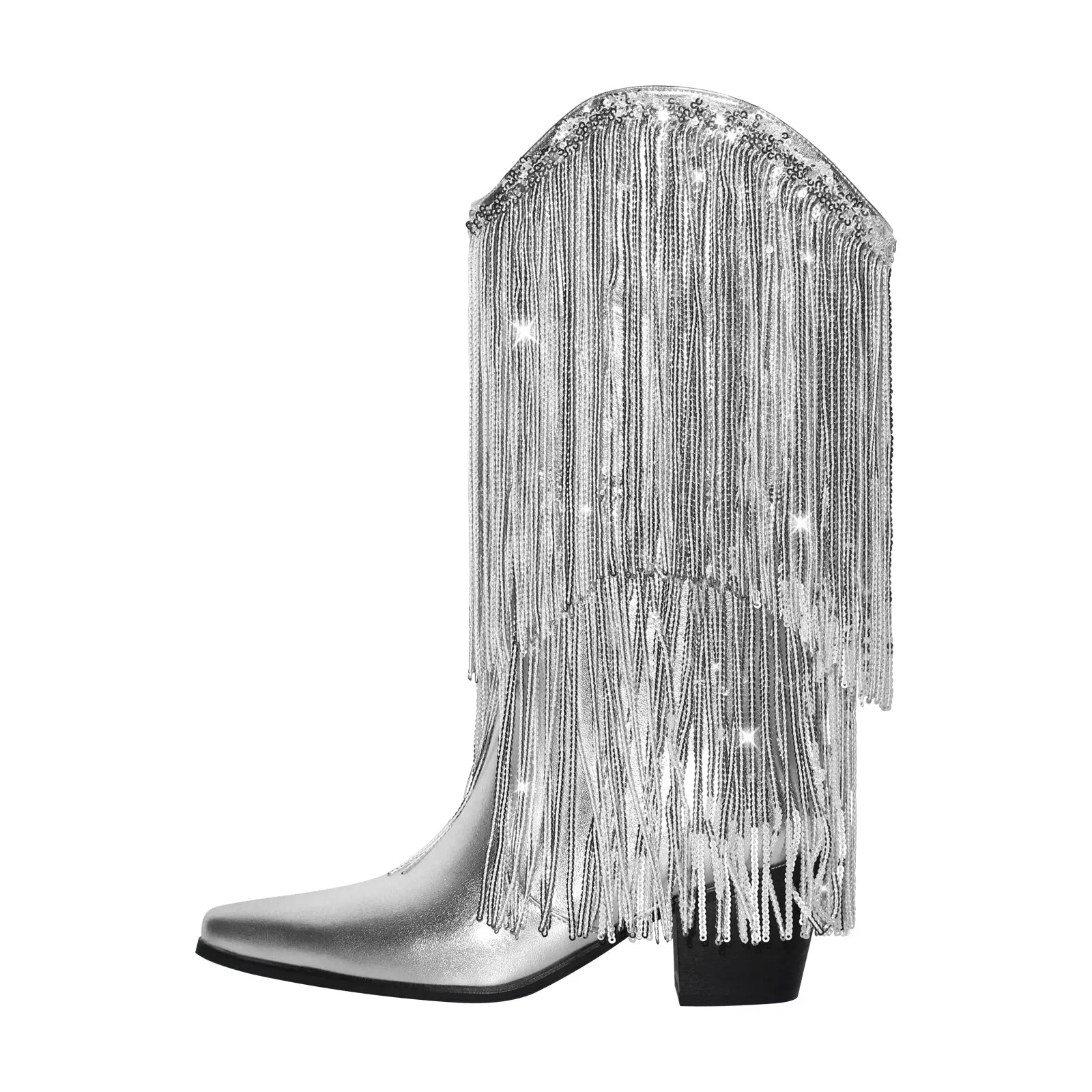 Rhinestone Mid-Calf Fringe Cowboy Boots