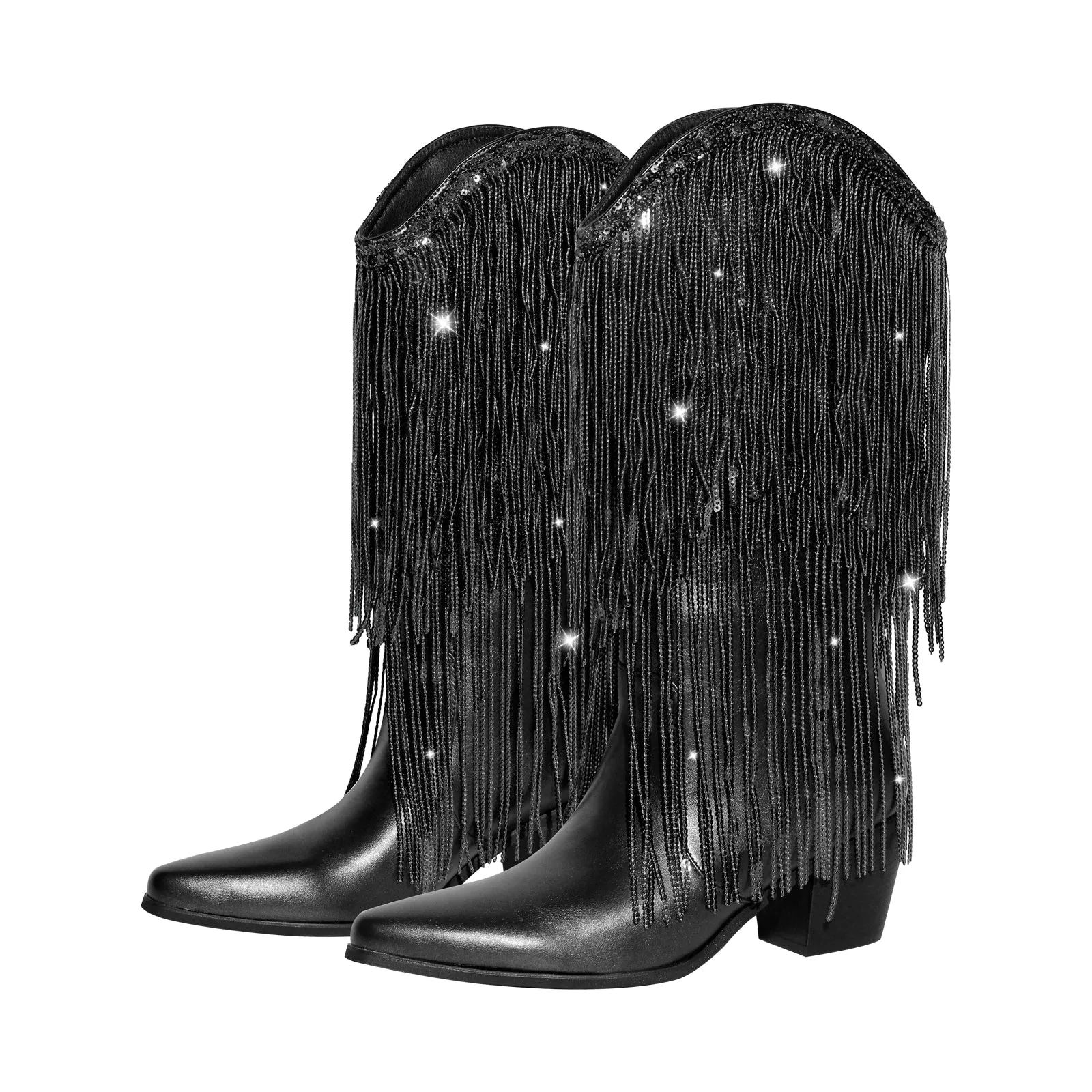 Rhinestone Mid-Calf Fringe Cowboy Boots