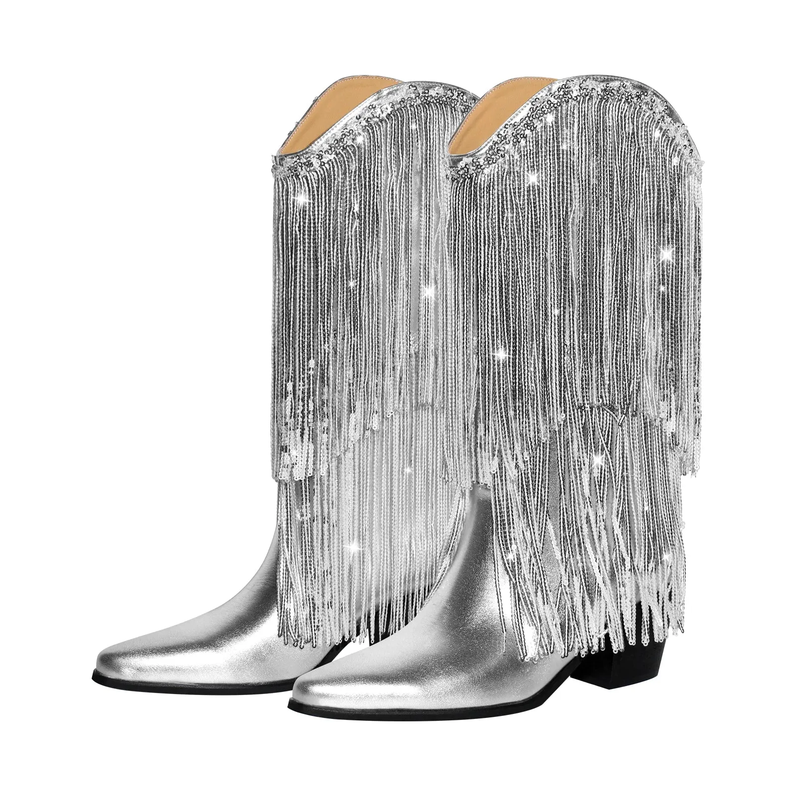 Rhinestone Mid-Calf Fringe Cowboy Boots