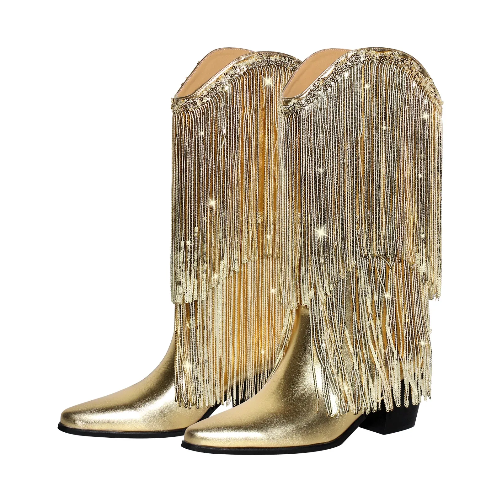 Rhinestone Mid-Calf Fringe Cowboy Boots