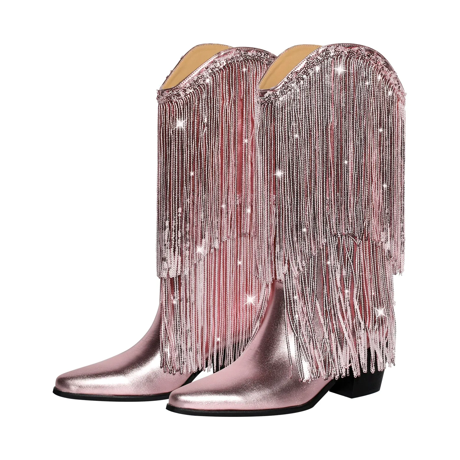 Rhinestone Mid-Calf Fringe Cowboy Boots