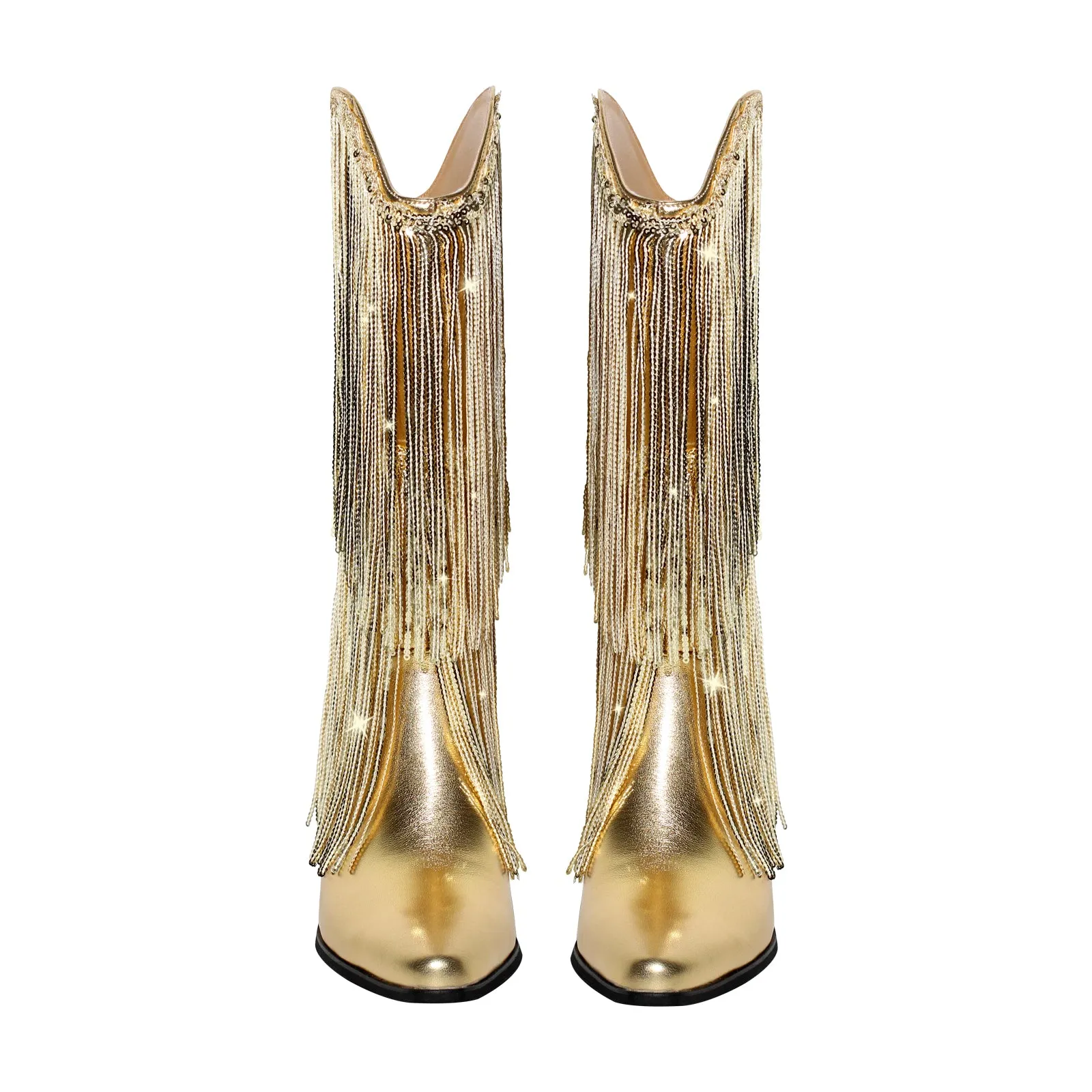Rhinestone Mid-Calf Fringe Cowboy Boots