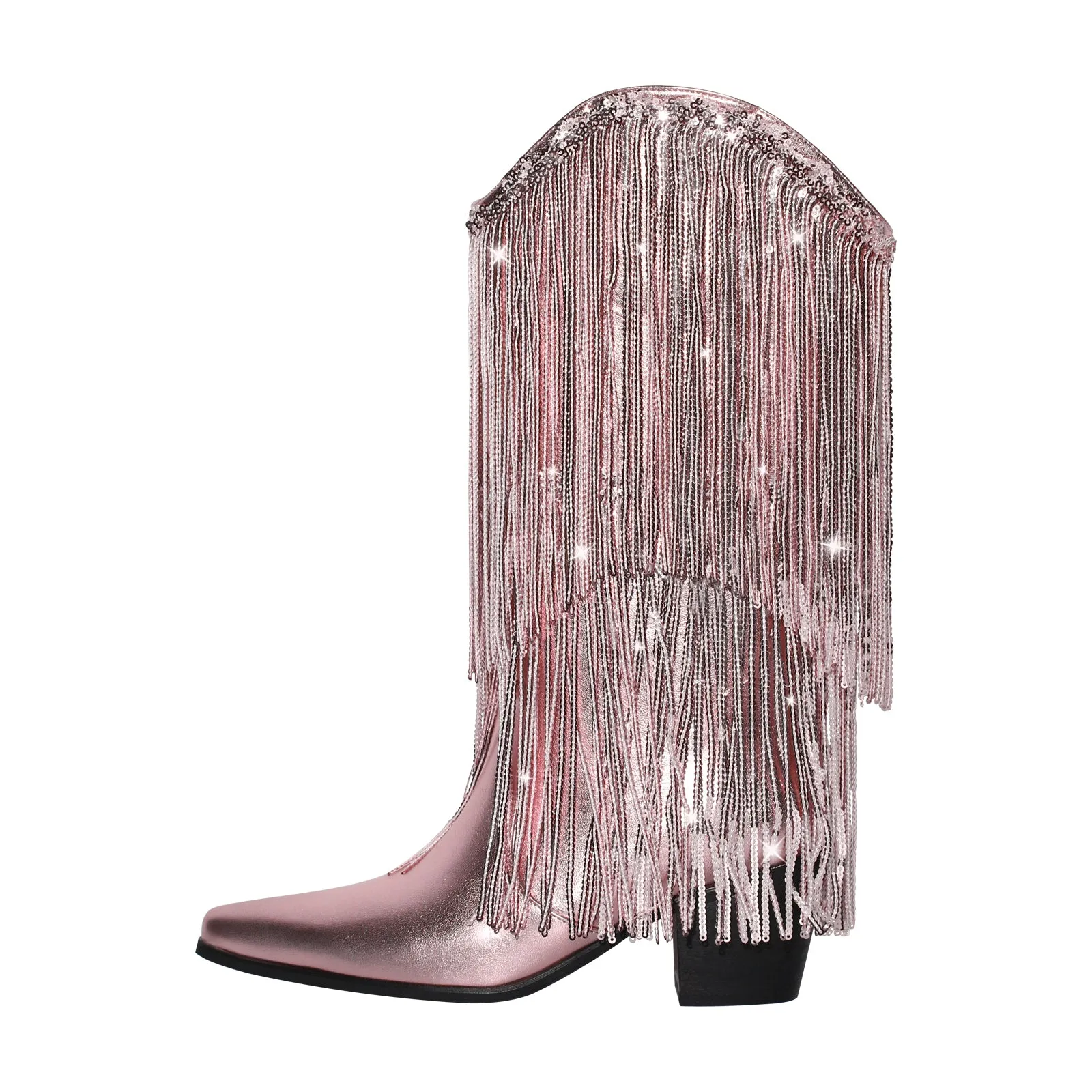 Rhinestone Mid-Calf Fringe Cowboy Boots