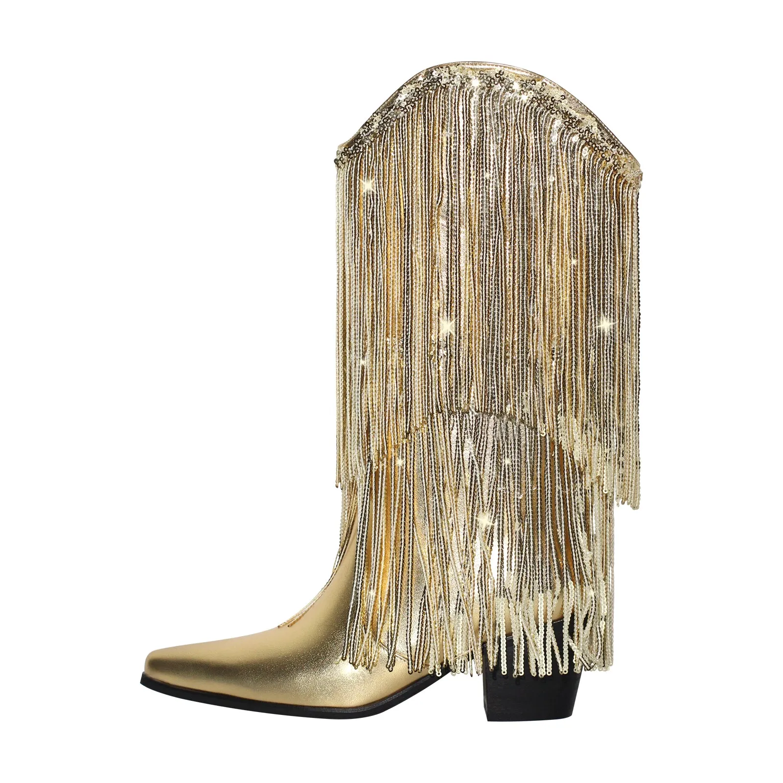 Rhinestone Mid-Calf Fringe Cowboy Boots