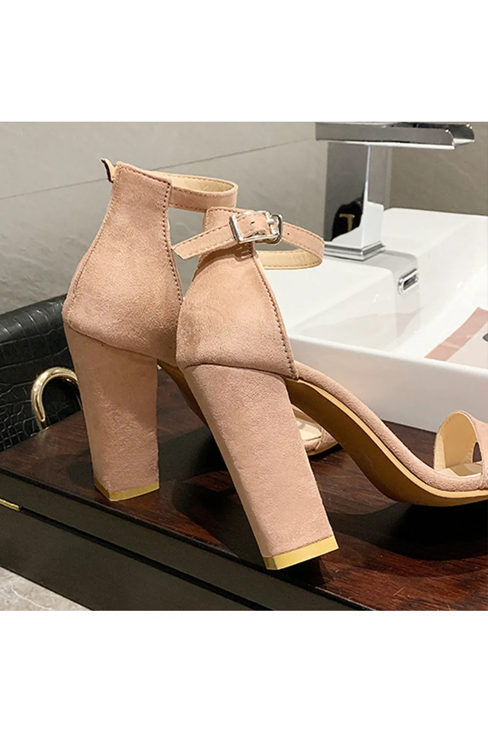 Roycebridal Party Suede Peep Toe Chunky Heel Evening Shoes With Buckle Ankle Strap