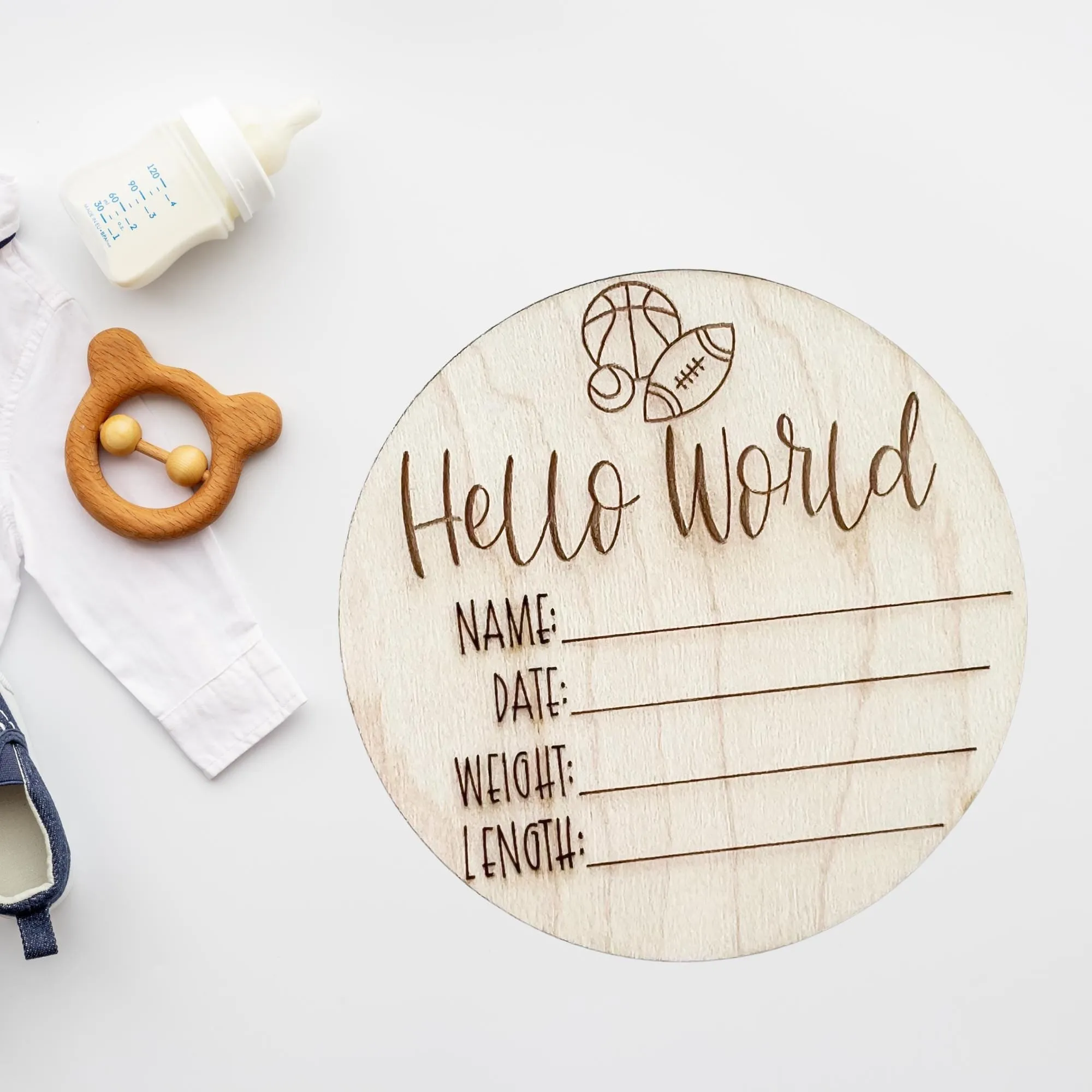 Sports Wooden Baby Birth Announcement, Newborn Hospital Disc, 5x5 inches Sports Baby Shower Gift for Boys