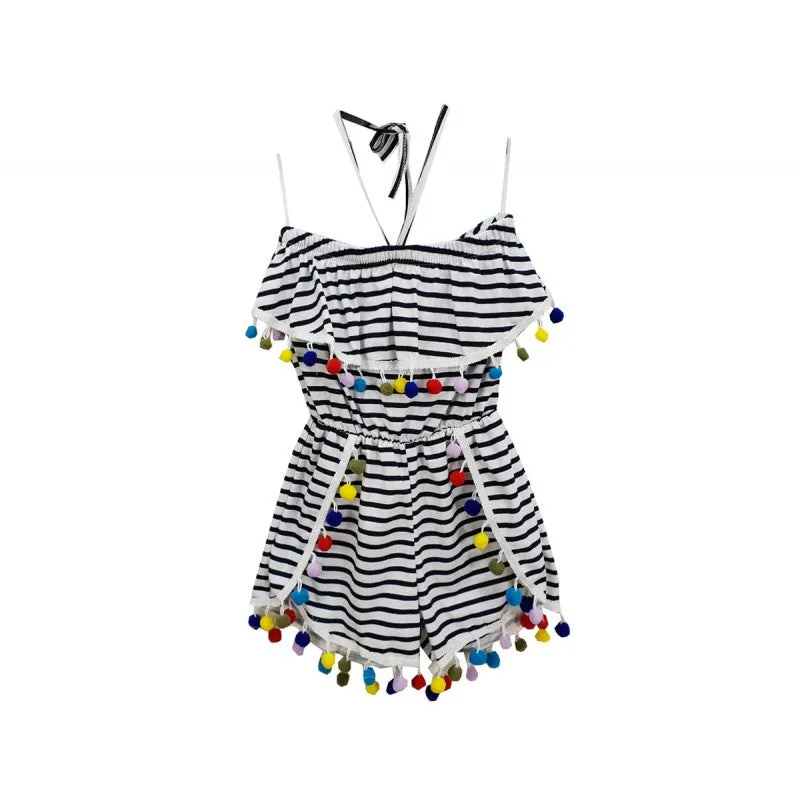 Stripey girls playsuit with pompoms
