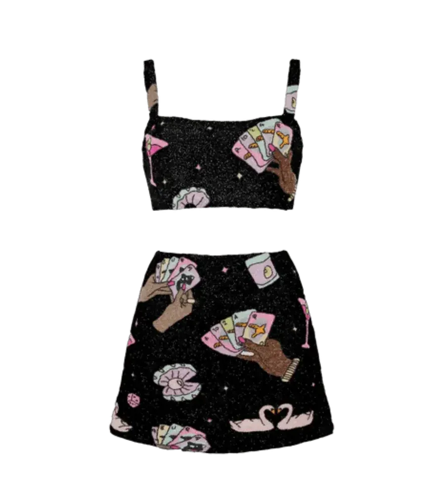 Vegas Beaded Mini Black Party Beach Co-ord Top