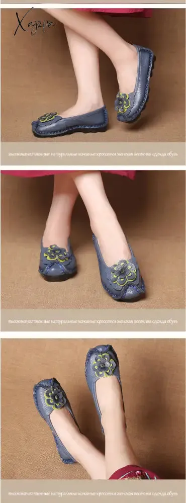 Xajzpa - Spring Leather Shoes Women Flats New Style Flower Genuine Leather Shoes For Female Flats Casual Shoes Woman Loafers