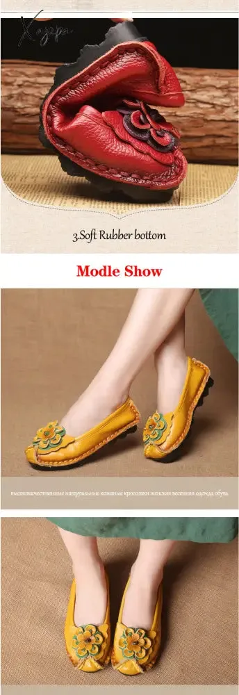 Xajzpa - Spring Leather Shoes Women Flats New Style Flower Genuine Leather Shoes For Female Flats Casual Shoes Woman Loafers