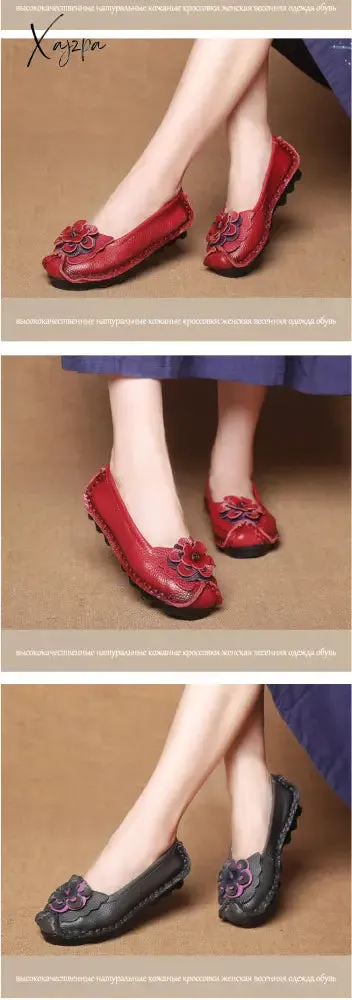 Xajzpa - Spring Leather Shoes Women Flats New Style Flower Genuine Leather Shoes For Female Flats Casual Shoes Woman Loafers