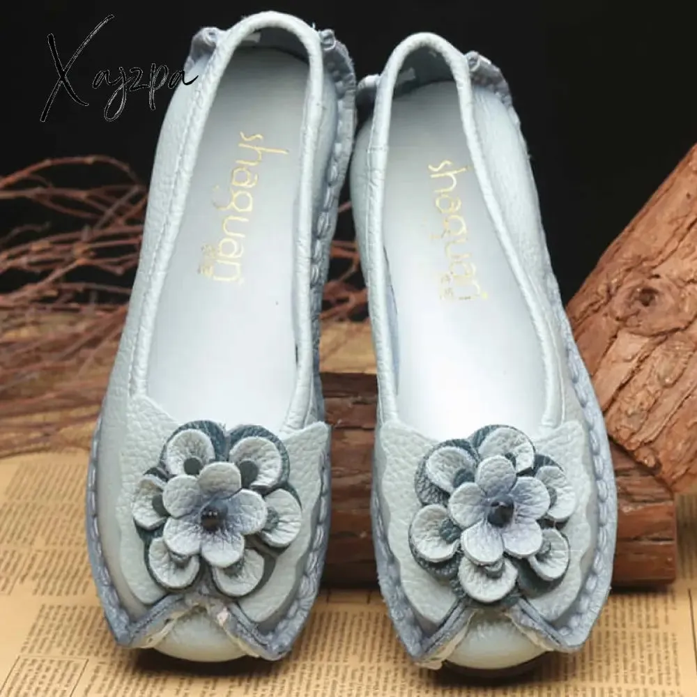 Xajzpa - Spring Leather Shoes Women Flats New Style Flower Genuine Leather Shoes For Female Flats Casual Shoes Woman Loafers