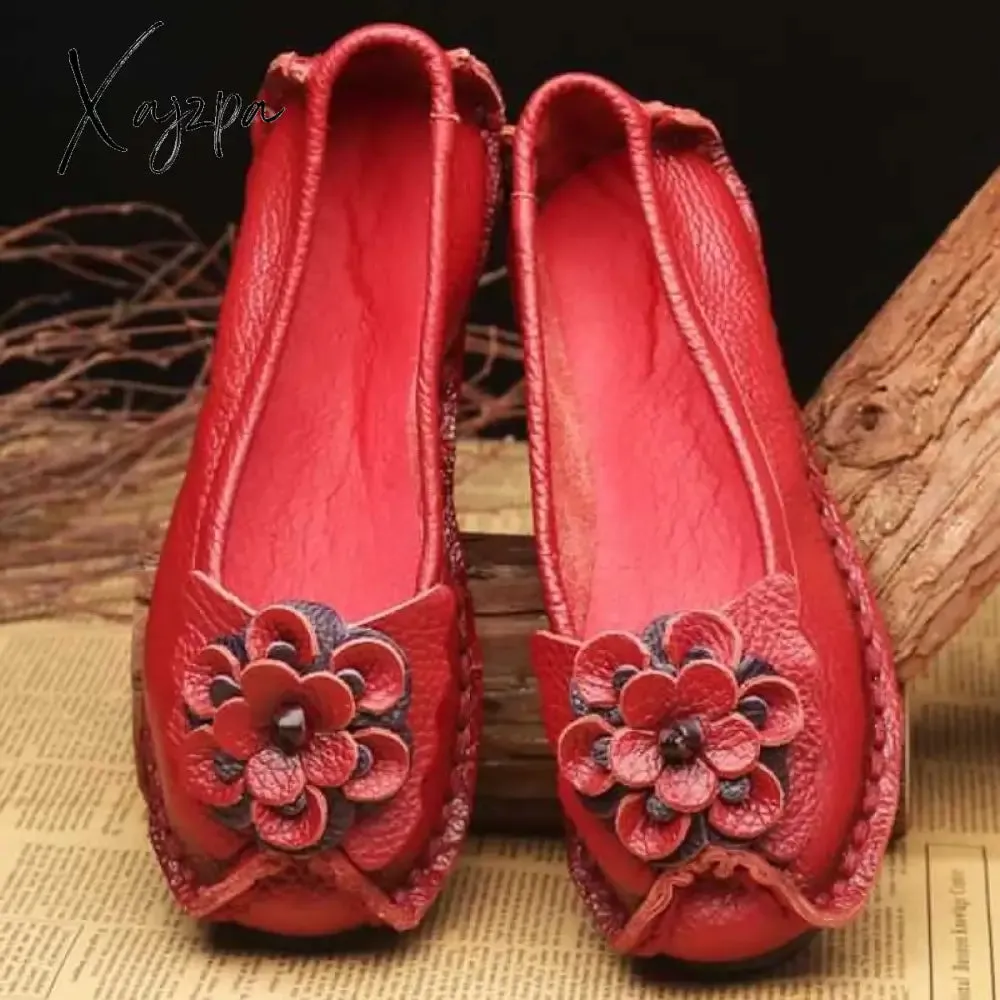 Xajzpa - Spring Leather Shoes Women Flats New Style Flower Genuine Leather Shoes For Female Flats Casual Shoes Woman Loafers
